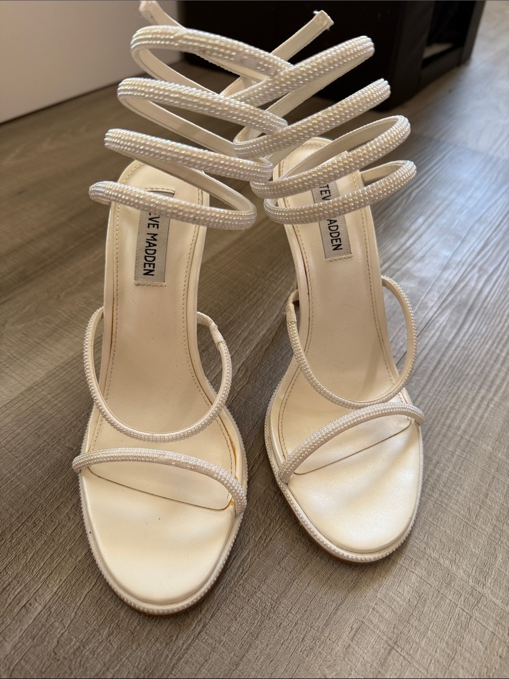 Steve Madden Pearl White Spiral-Strap Heeled Sandals